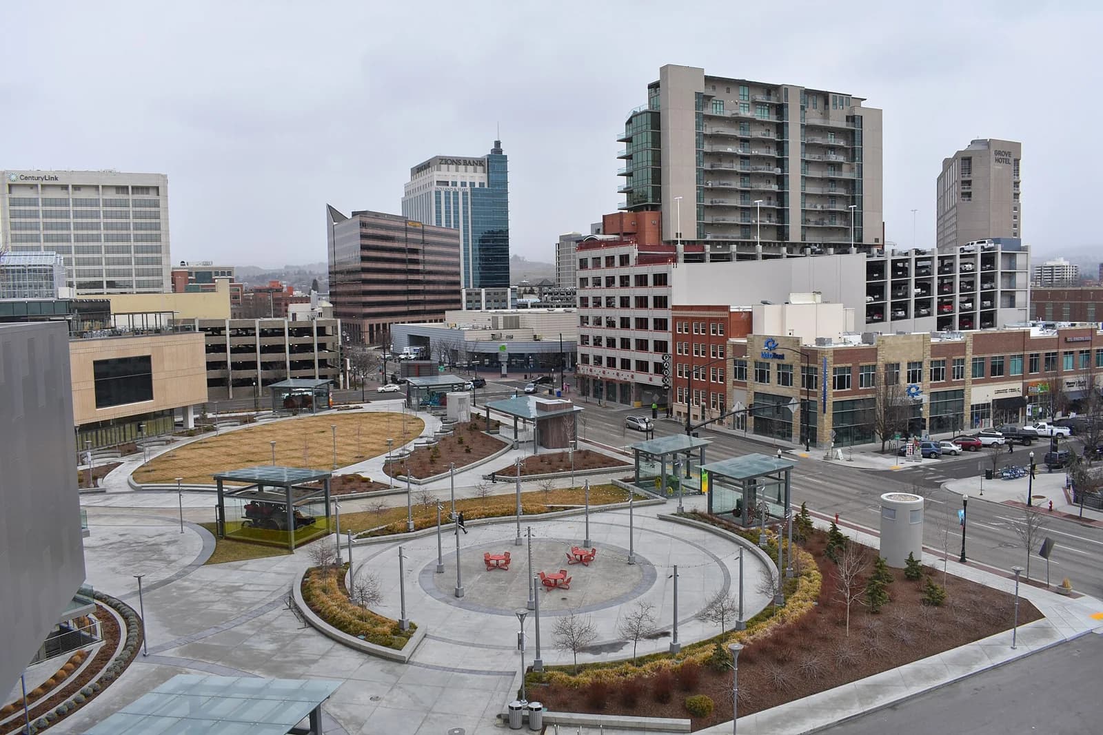 Looking northeast from Jack's Urban Meeting Place (JUMP) in Boise, Idaho, is a skyline view of downtown.