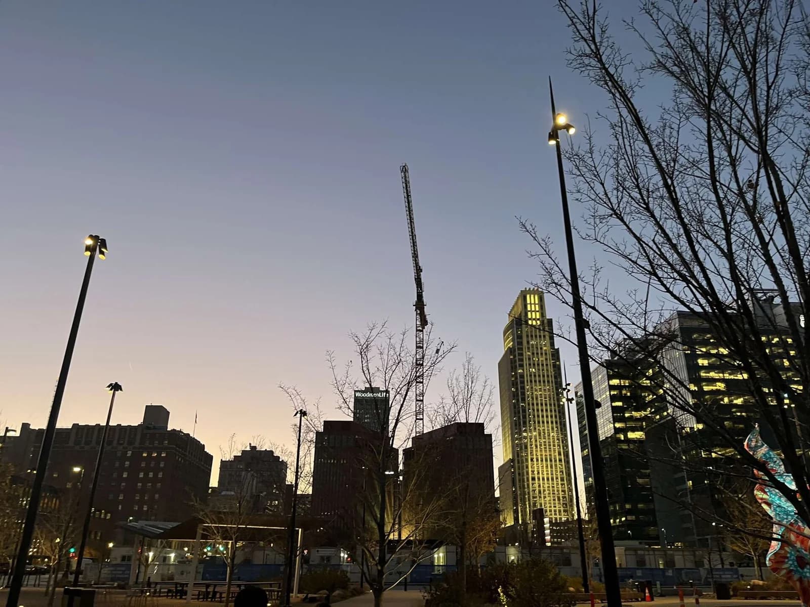 The downtown skyline in Omaha, Nebraska, as seen from Gene Leahy Mall.