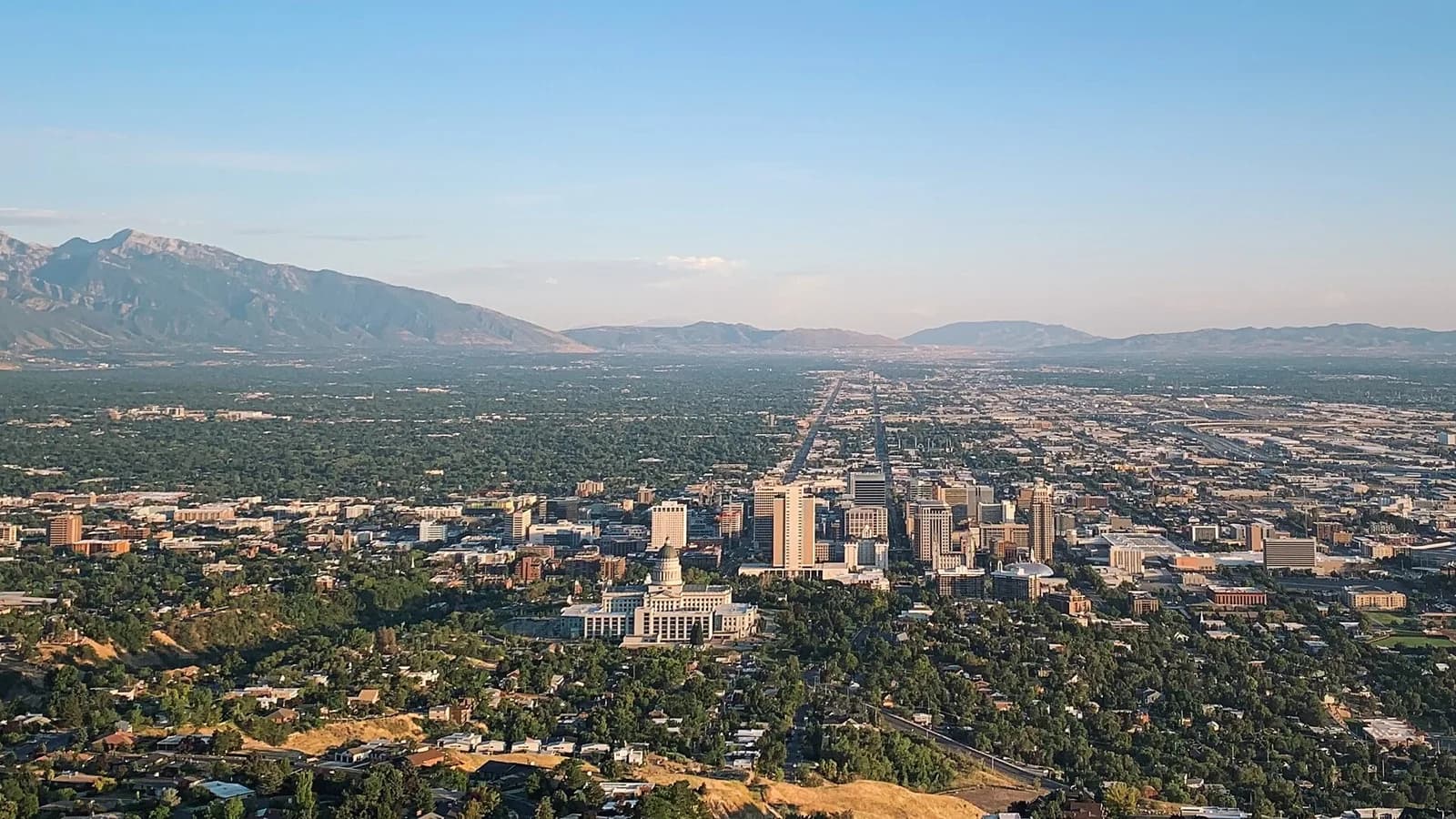 Skyline of Salt Lake City (including the state capitol, city center, eastern neighborhoods, southern suburbs and Wasatch Mountains) from Ensign Peak.